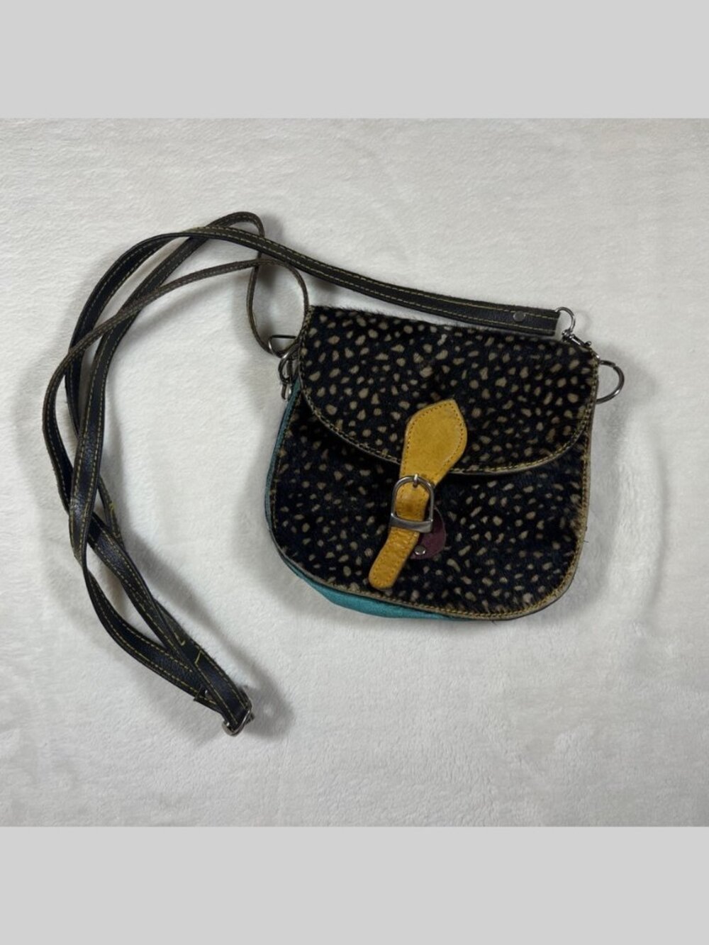 Leather Crossbody Bag Calf Hair Colorblock Patchwork Mini Saddle Purse Boho